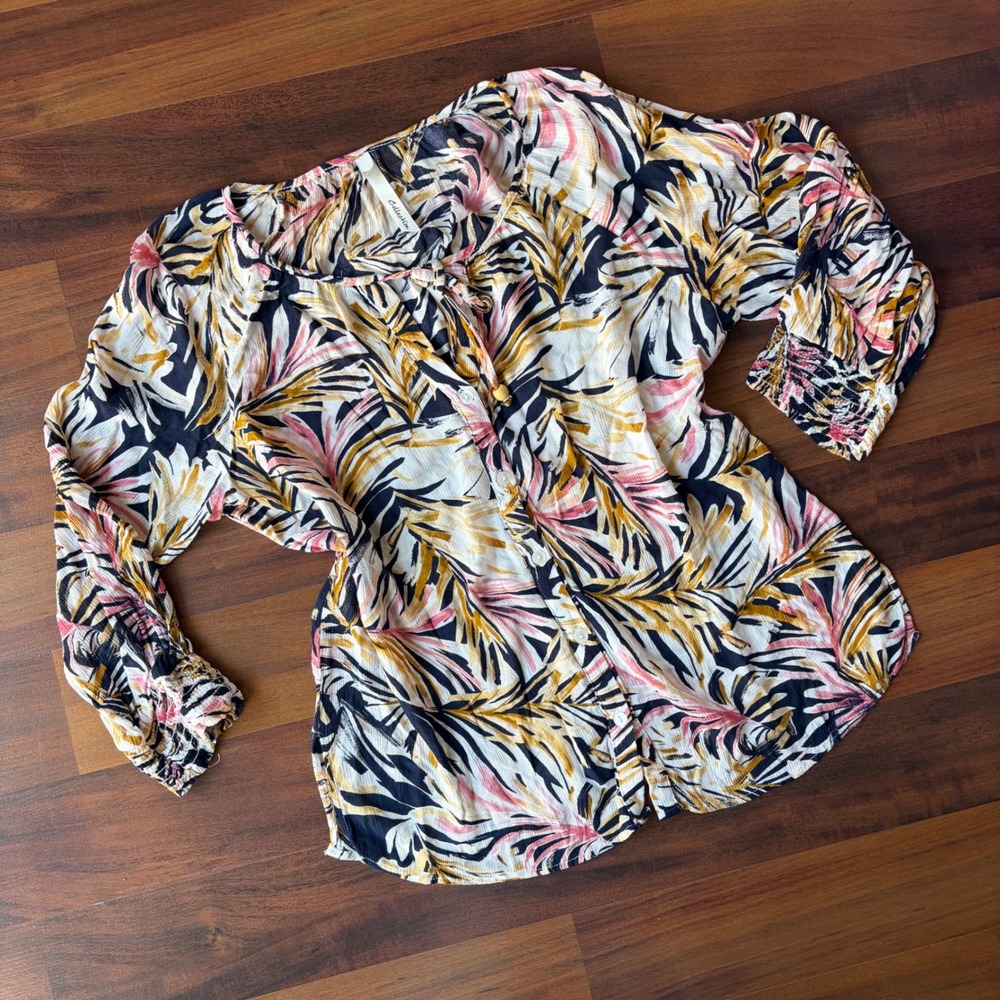 NY Collection Womens Large Tropical Palm Leaf Button Front 3/4 Sleeve Blouse Top